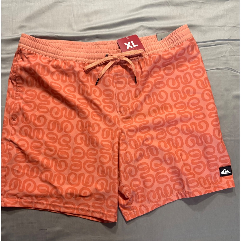 Quiksilver Mens XL Swim Trunks Coral Orange Swirl Print Mesh Lined Board Shorts
